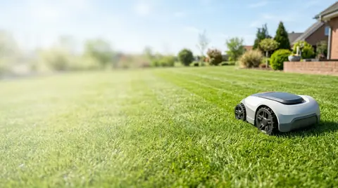 AI-generated image of a robot lawn mower on a striped green lawn