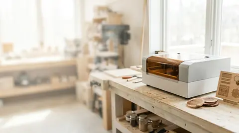 AI-generated image of a desktop laser engraver in a home workshop