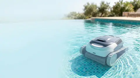 AI-generated image of a robotic pool cleaner on the floor of a clear backyard pool